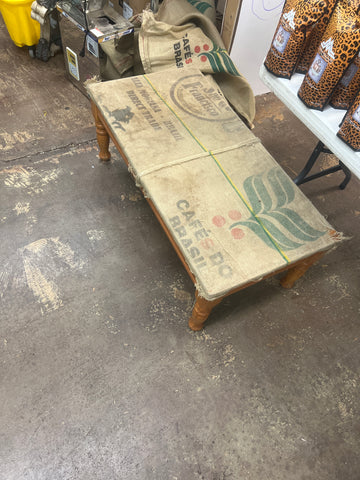 PICK UP ONLY coffee table with coffee burlap covers and coffee stains 🤣